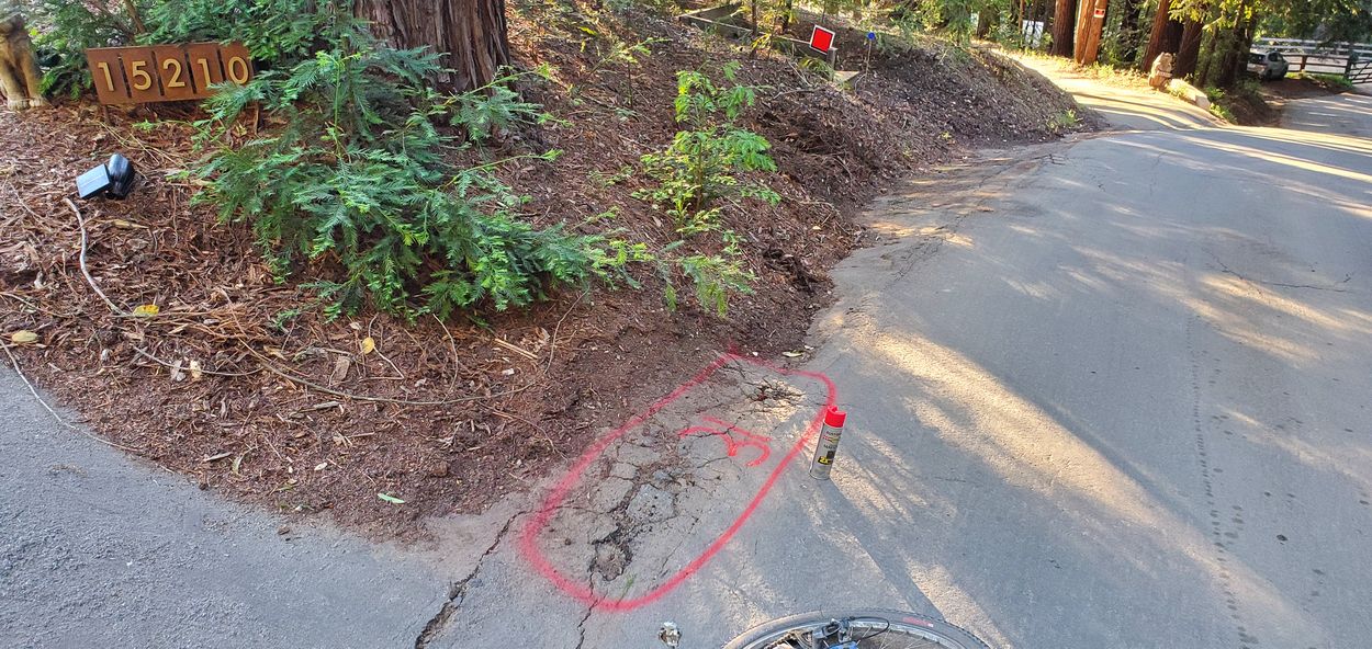 Tree root hump sends ~all the water over the middle of the roadway, onto the other side