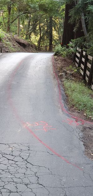 Build a curb 33 and/or build up 34 with asphalt overlay so water stays on inside of road (esp when 15208 driveway culvert plugs) ... and/or remove concrete/stone at base of 15208 driveway so water flows over driveway when driveway culvert fails